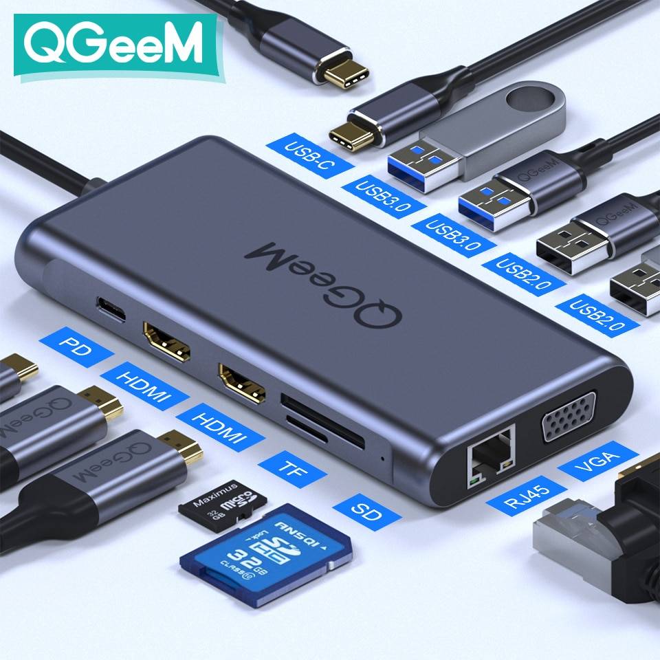 QGeeM USB C Hub for Macbook Pro Triple Display Type C Hub to Dual 4K HDMI & DP Micro SD Card Readers RJ45 Aux PD USB Hub Adapter QGeeM USB C Hub for Macbook Pro Triple Display Type C Hub to Dual 4K HDMI & DP Micro SD Card Readers RJ45 Aux PD USB Hub Adapter
