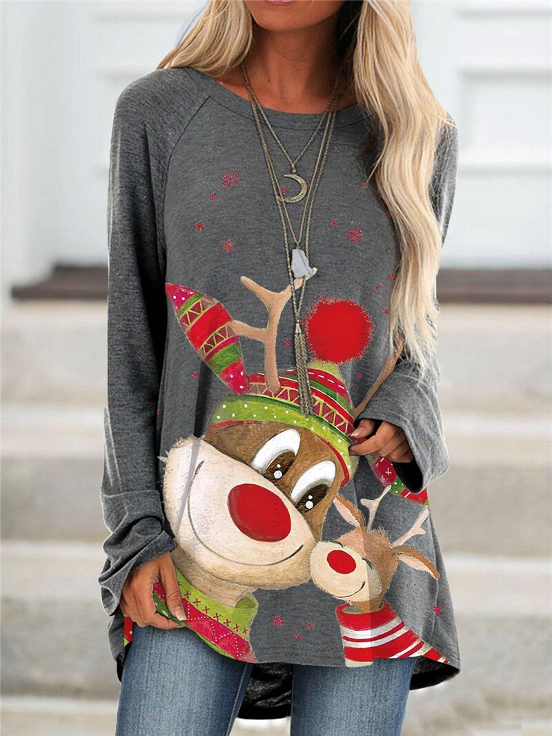 Autumn Christmas Funny Print Women T-Shirt Loose Pullover Top New Year Woman Round Neck Casual Long Sleeve Female Clothes Tees Autumn Christmas Funny Print Women T-Shirt Loose Pullover Top New Year Woman Round Neck Casual Long Sleeve Female Clothes Tees