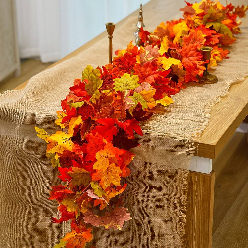 PARTY JOY 2pcs Artificial Autumn Maple Leaves Vine Fake Garland For Christmas Halloween Thanksgiving Party Fireplace Fall Decor PARTY JOY 2pcs Artificial Autumn Maple Leaves Vine Fake Garland For Christmas Halloween Thanksgiving Party Fireplace Fall Decor