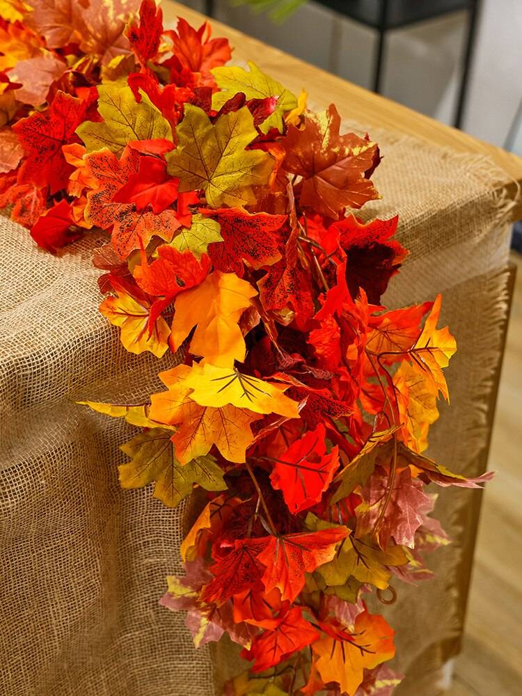 PARTY JOY 2pcs Artificial Autumn Maple Leaves Vine Fake Garland For Christmas Halloween Thanksgiving Party Fireplace Fall Decor PARTY JOY 2pcs Artificial Autumn Maple Leaves Vine Fake Garland For Christmas Halloween Thanksgiving Party Fireplace Fall Decor